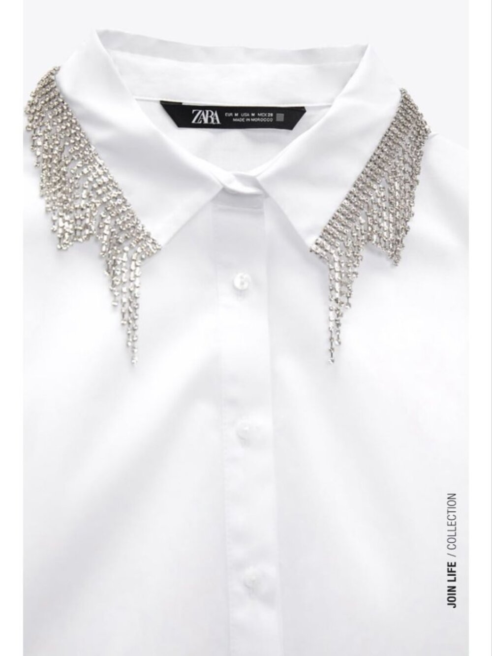 Zara Rhinestone Embellished Collar White Button-Down Shirt